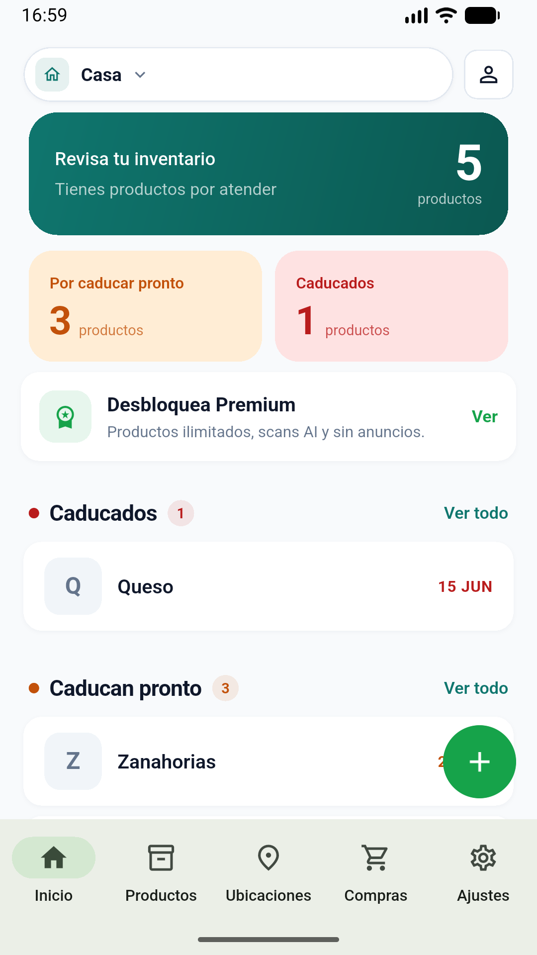 Pantalla principal de Expirio mostrando productos con sus fechas de caducidad